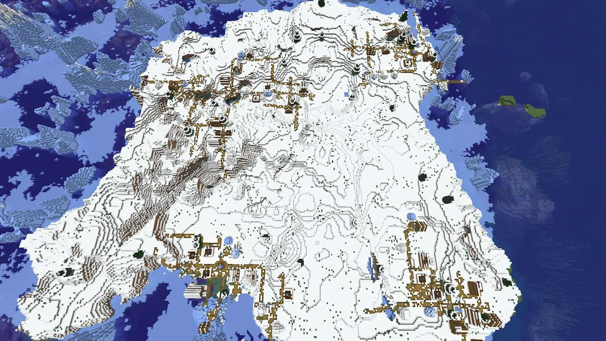 A snowy island with four Snowy Villages in Minecraft