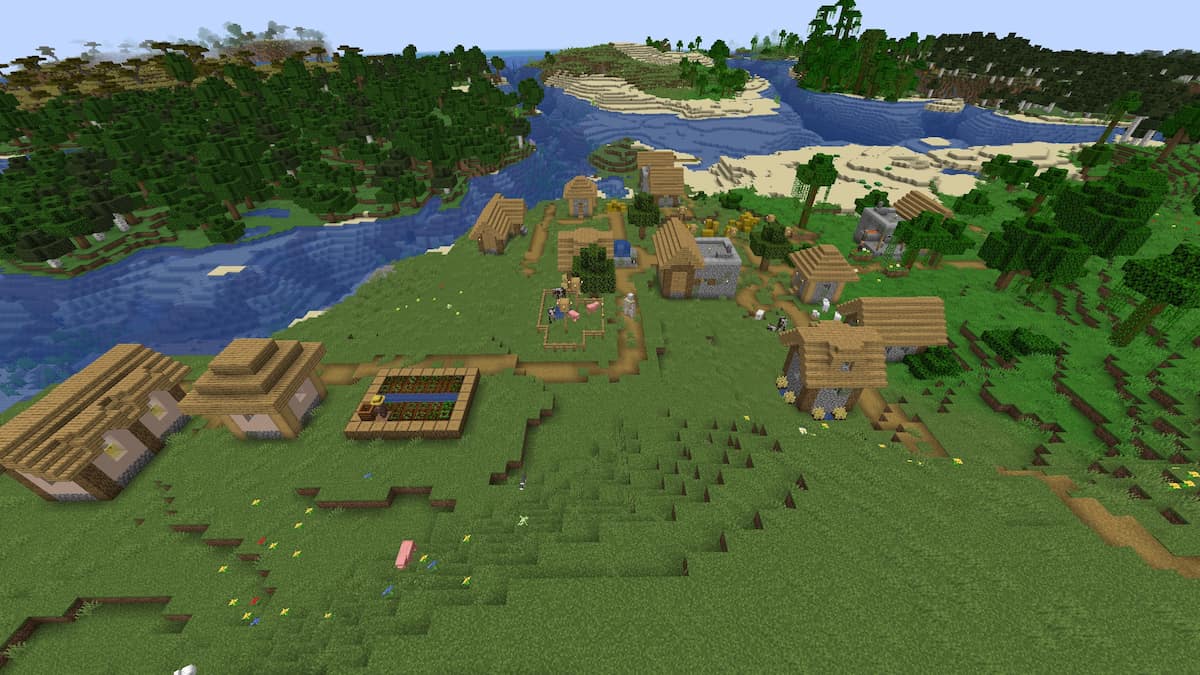 A Minecraft Plains Village with three blacksmiths