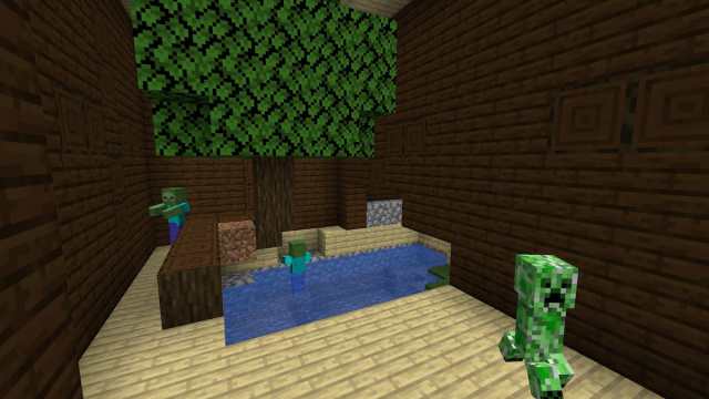 A Woodland Mansion with parts of its floor missing in Minecraft