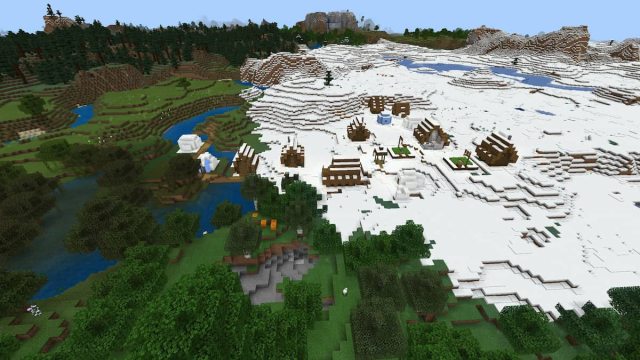 A Snowy Village partially in a Swamp biome in Minecraft