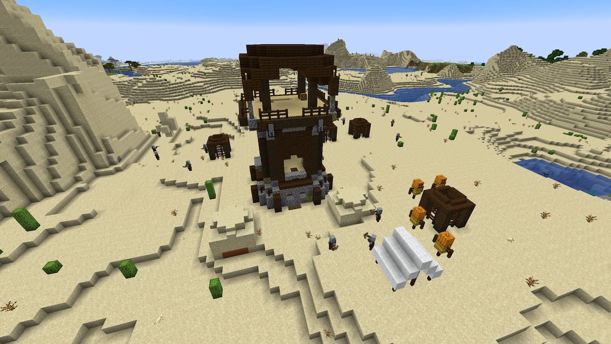 A Minecraft Pillager Outpost on top of a Desert Temple