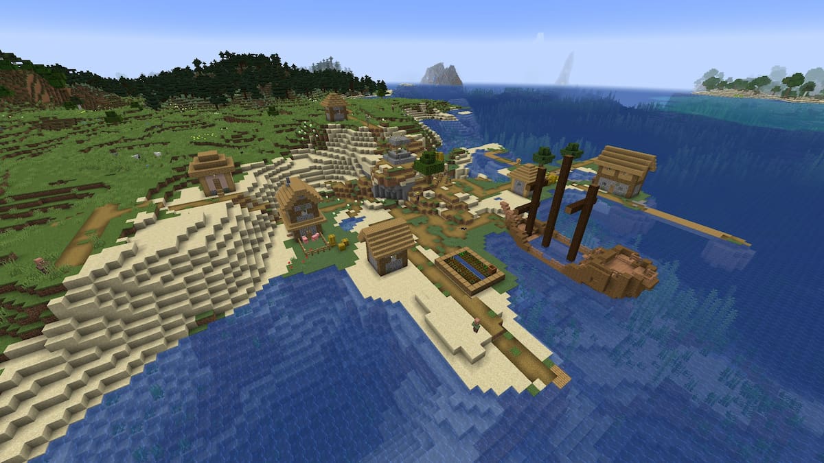 A Minecraft Plains Village next to a shipwreck on a Beach