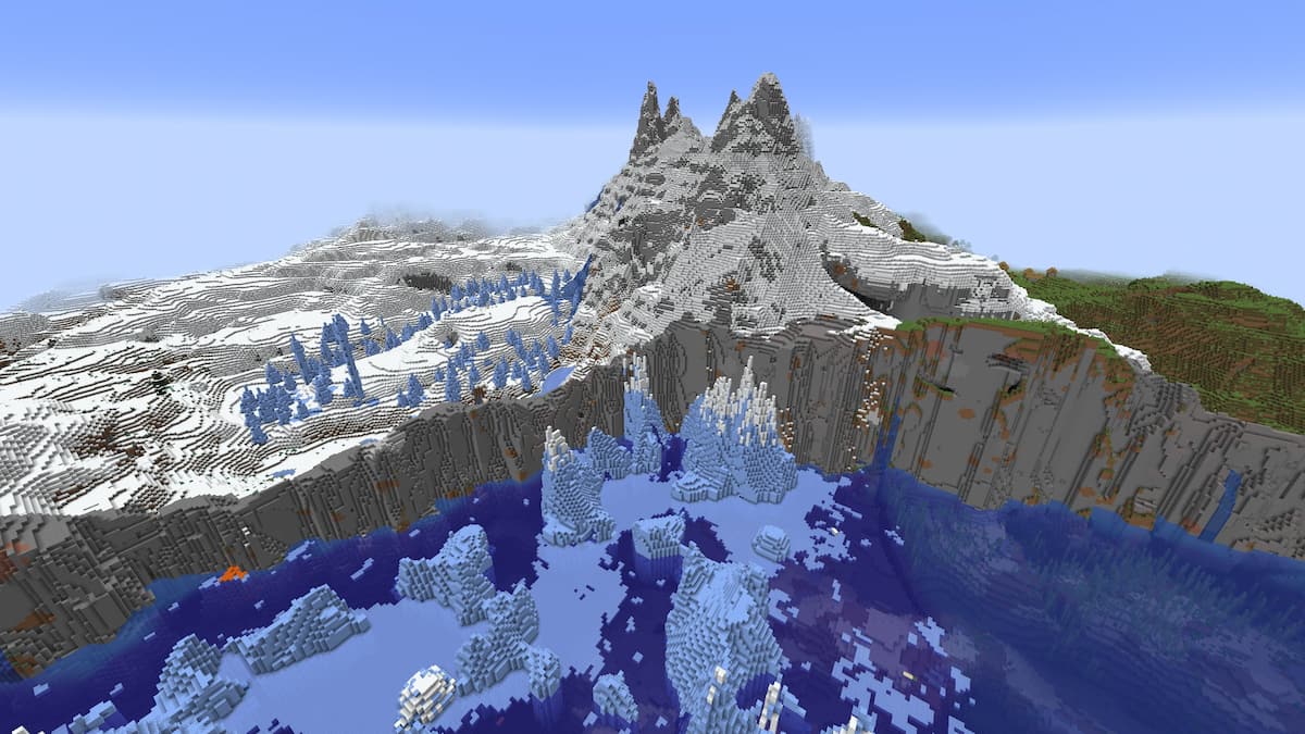 Steep Minecraft cliffs covered in snow by a Frozen Ocean and a Plains Village