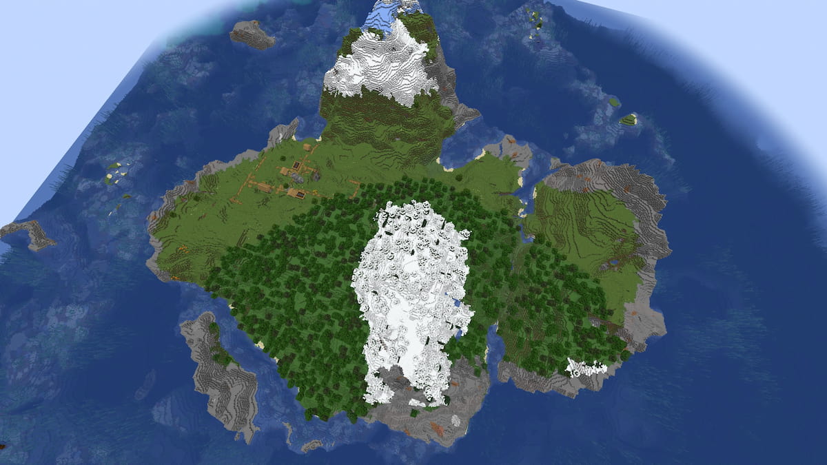 A Minecraft island with two mountains and a Plains Village