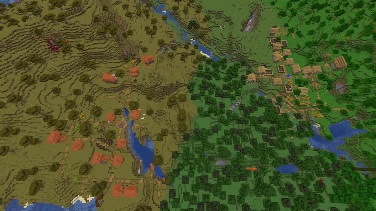 A Savanna Village with a ruined Nether portal next to a Plains Village in Minecraft