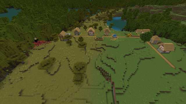 A Minecraft Plains Village with a ruined Nether portal surrounded by a large Mangrove Swamp