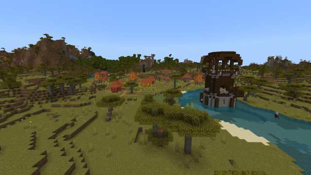 A Savanna Village next to a Pillager Outpost in a river in Minecraft