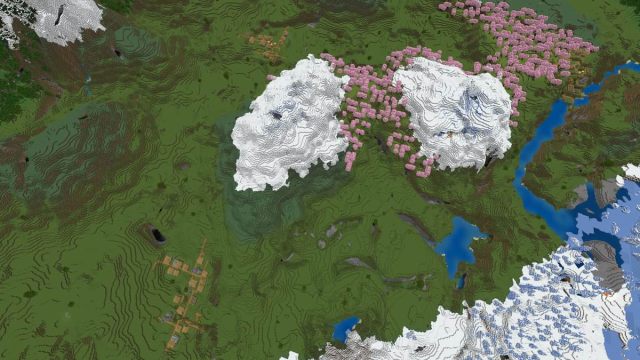 A Minecraft seed with two small snowy mountains, a Cherry Grove, and three Plains Villages