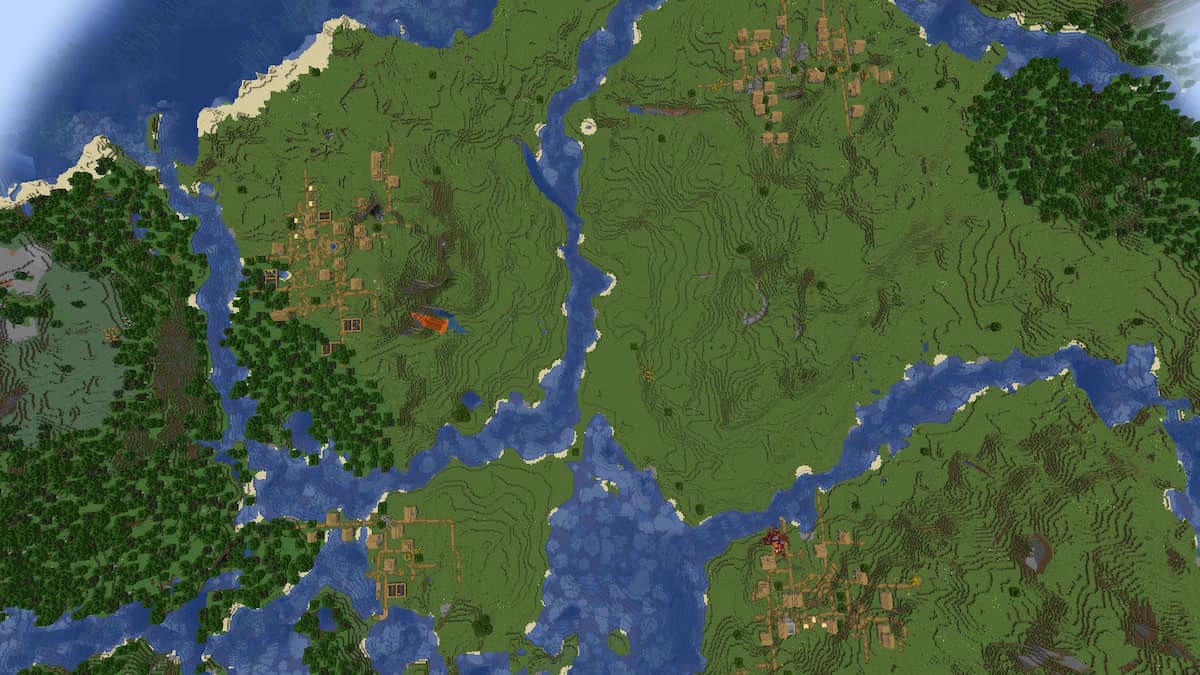 A Minecraft seed with four Plains Villages surrounding Spawn