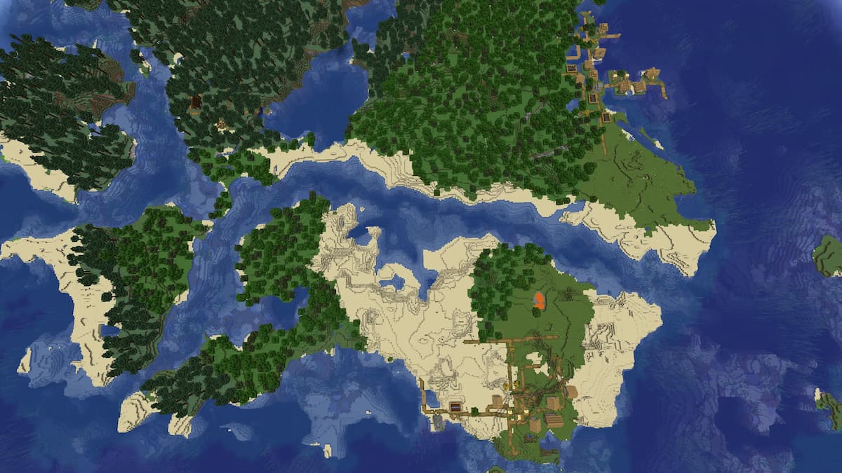 Three Minecraft villages on the coast of an ocean