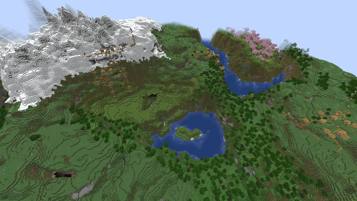 A Minecraft world with three Plains Villages, a mountain, and a Cherry Grove