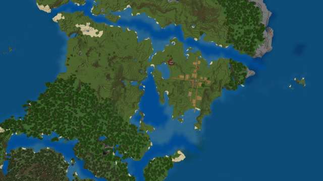 A Minecraft island with a Plains Village and a ruined Nether portal