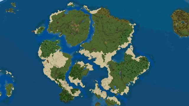 A large Minecraft island with two shipwrecks and a Plains Village