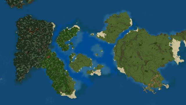 A set of two Minecraft islands with villages