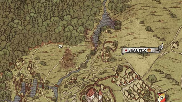 Map XXV shows a treasure location to the west of Skalitz past two ponds at a grave