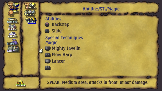 Legend of Mana abilities menu highlighting the Mighty Javelin technique.