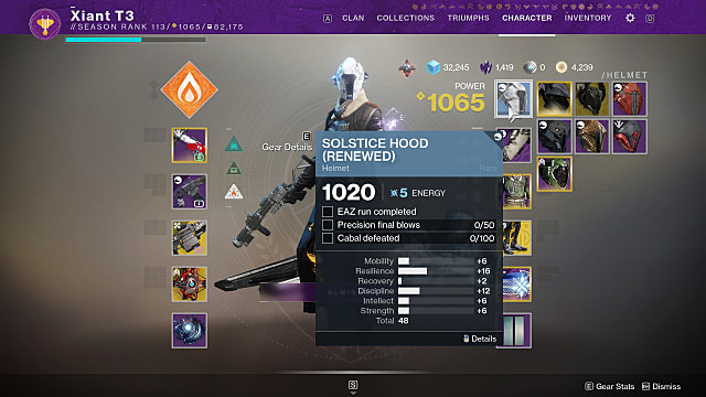 Warlock examining the Solstice Hood renewed armor challenges in their character inventory